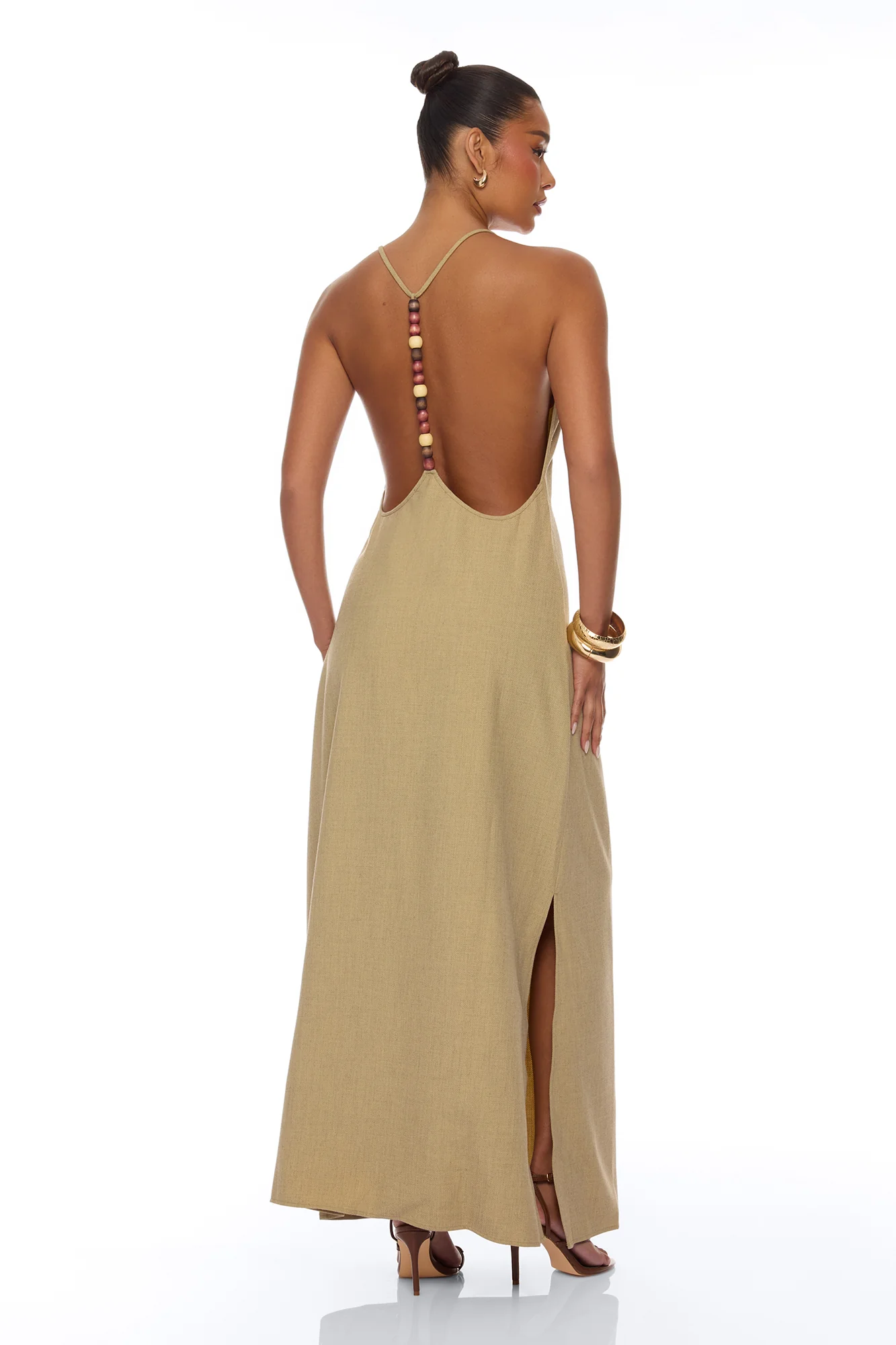 Zelara Beaded Backless Maxi Dress - Khaki